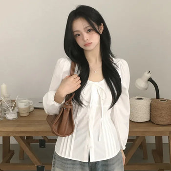 Full of Innocent Charm, U-Neck Ribbon Strap Pintuck Flare Back Ribbon Puff Sleeve Autumn Long Sleeve Blouse