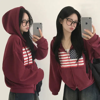 Guaranteed Beauty, American Flag Vintage Print Two-Way Avant-garde Fit Boxy Zip-up Hoodie