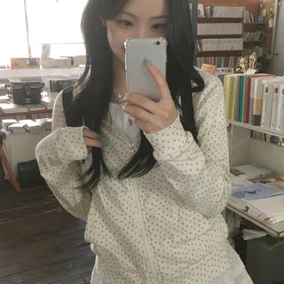 Lovely Mood, Small Floral Ribbed Two-Way Avant-garde Loose Fit Autumn Zip-Up Hoodie