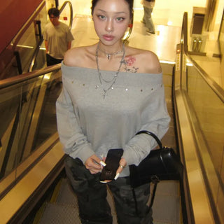 STUD Off-shoulder Sweatshirt | Boat Neck One-Shoulder Off-shoulder Autumn Top