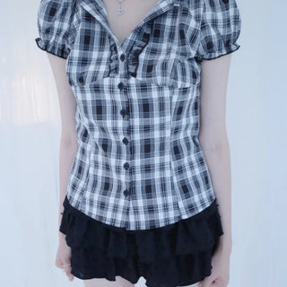 Mocha Check Puff Blouse