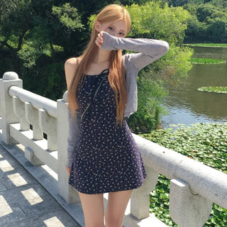 Baby's Breath Floral Sleeveless Dress + Delicate Fit Cardigan Set