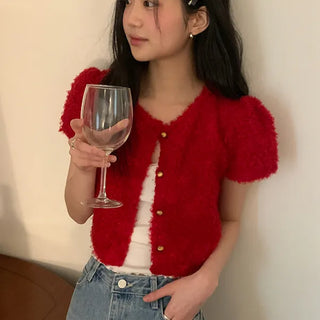 Puppy Sherpa Boucle Fur Short Sleeve Cardigan