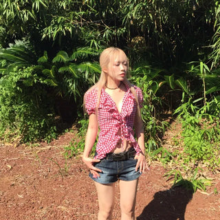 check puff frill blouse