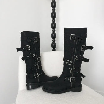 Anderson Matte Strap Buckle Long Boots 4cm Mid-heel