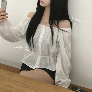 Versatile Two-Way Off-Shoulder Banded Shirred Cotton Long Sleeve Blouse