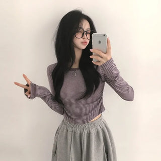 Contrast Fine Stripe Rounded Cropped Shirred Long Sleeve T-shirt