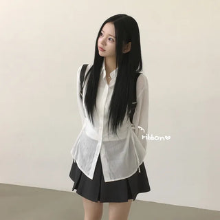 Lovely Mood, Gauze Cotton Side Ribbon Strap Loose Fit Long Sleeve Shirt for Transitional Season