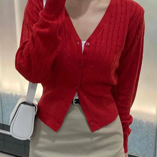 Minimal Semi-Crop V-Neck Elastic Cardigan