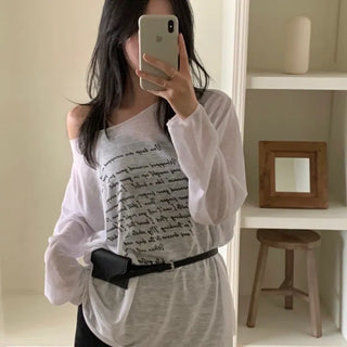 Poste Lettering Print Asymmetrical Off-Shoulder Loose Fit Long Sleeve T-Shirt