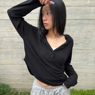 Basic Flowy Plain U-Neck Long Sleeve T-Shirt