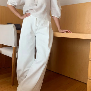 White pintuck denim wide pants