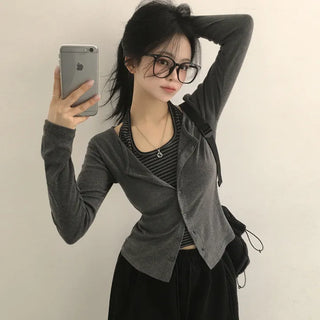 Delicate~ Slim fit, Two-tone color block striped halter neck layered slim long-sleeve cardigan t-shirt