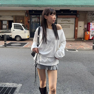 Dewey Asymmetrical Rugby Oversized Loose Fit Autumn Long Sleeve T-shirt One-Shoulder Long Sleeve
