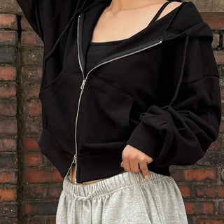 Simple Two-Way Crop Zip-Up Hoodie
