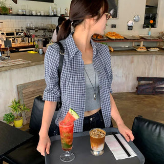 Rolled-up Pintuck Check Shirt 2 Colors
