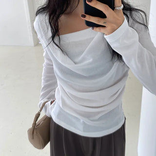 Drape Shirred Top   Autumn Long Sleeve Slim Fit T-shirt Date Look Meeting the Parents Wedding