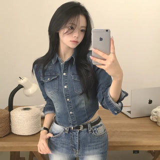 Guaranteed Fit, Vintage Washed Two-Pocket Cropped Delicate Fit Denim Long Sleeve Shirt Denim Shirt Denim Jacket