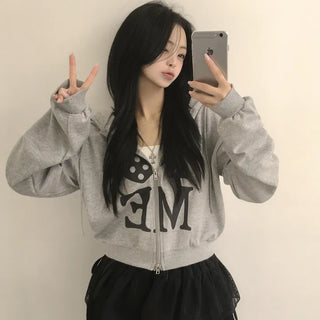 Cute oversized fit, Kitsch I Love Dot Heart Print Two-way Semi-cropped Loose Fit Zip-up Hoodie