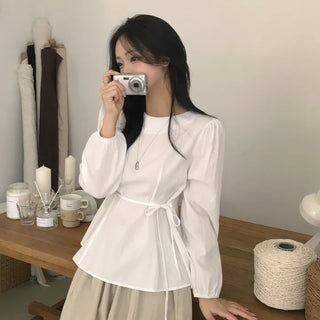 Round Pintuck Waist Tie Ribbon Flare Long Sleeve Blouse with Waist Strap Details to Style to Your Preference