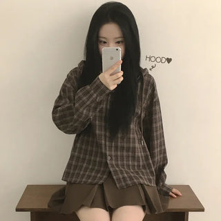 Check Hoodie Loose Fit Long Sleeve Shirt Check Shirt