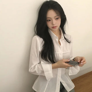 Full of cuteness, daily plain shirred pintuck slim fit long sleeve shirt