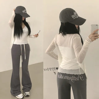 Effortless Chic, Elastic Waist Hip Lettering Embroidered Bootcut Training Pants