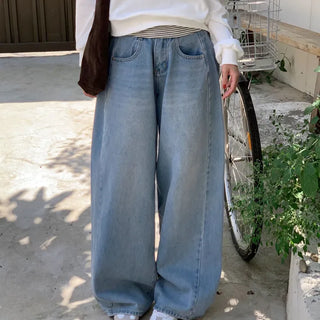 Washed Balloon Fit Wide Denim Pants  Light Blue Medium Blue Jeans for Petite Women