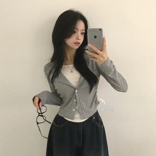 Delicate~ U-neck Ribbed Side Shirring Layered Crop Long Sleeve Cardigan T-shirt