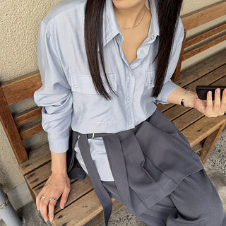 Mio Snap Button Pocket Oversized Loose Fit Long Sleeve Shirt