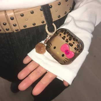 Brown Leopard Print Keyring Set Ribbon Cat AirPods Case