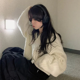Mudi Cable Knit Crop Two-Way Zip-Up Wool Hoodie Loose Fit Knit Sweater New Autumn Arrival Autumn Outerwear