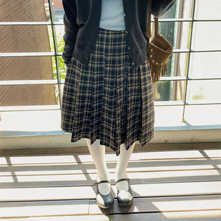 Mod Check Pleated Midi Skirt Tartan Pleated Back Elastic A-Line Layered Wedding Guest Look Autumn/Winter Wool Skirt