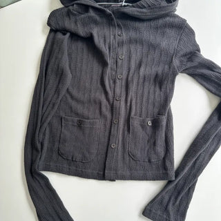 10% Coupon  Rough Punching Hood Two-Pocket Button Hoodie Cardigan
