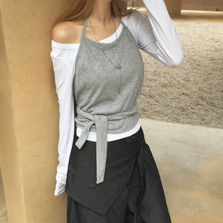 Zero Strap Knot Ribbed Halter Layered Sleeveless