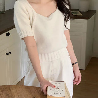 Thick! Soft-touch Heart Neck Short Sleeve Knit  Transitional Season Knit