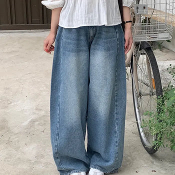 Washed Balloon Fit Wide Denim Pants  Medium Blue Light Blue Jeans for Petite Women