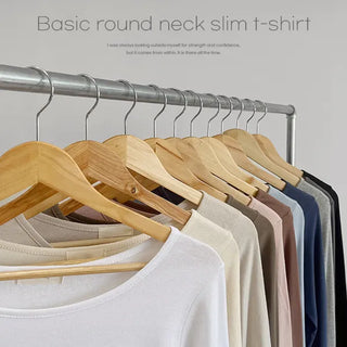 Shining Basic Round Neck Slim Long Sleeve Tee, Basic Tee, Inner Tee, Plain Semi-Crop U-Neck Layered Cotton Tee, Spring/Autumn Transitional Season