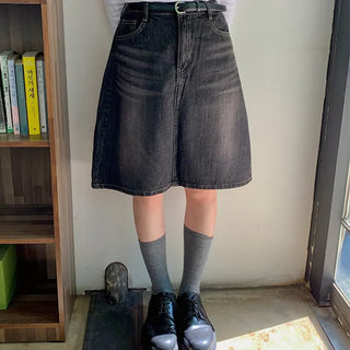 East Washed Denim Midi Skirt Vintage A-Line Layered Denim Skirt Cotton Skirt Spring Autumn