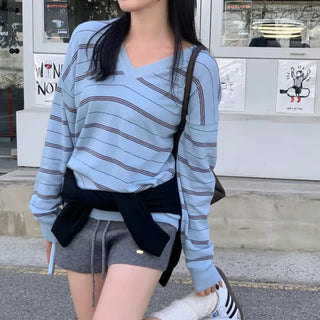 Seimon Cashmere Wool Striped V-Neck Loose Fit Knit