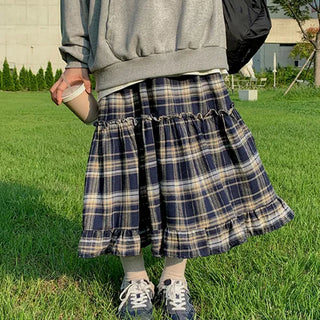 Tory Frill Check Long Skirt Tartan Vintage Maxi A-Line Flare Elastic Skirt