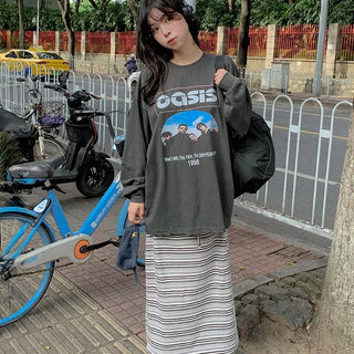 Eritz Striped H-Line Long Skirt, Striped Slit Maxi Skirt, New Autumn Arrival