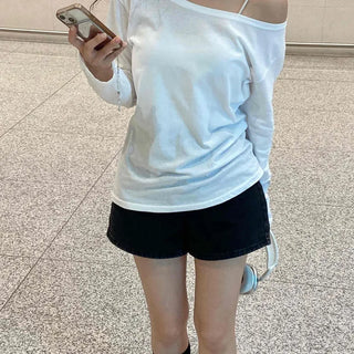 Basic Off-Shoulder Plain Long-Sleeve T-Shirt