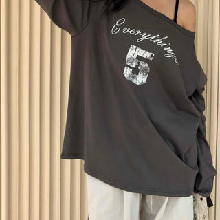 Casual Loose Fit Lettering Off-Shoulder Tee