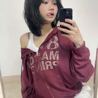 Street Vintage Lettering Loose Zip-up Hoodie