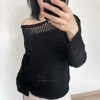Natural Boat Neck See-through Damaged Knit
