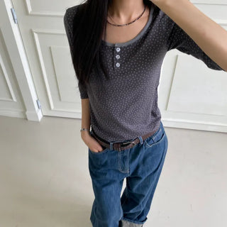 Star color block three-quarter sleeve placket T-shirt