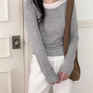 Layered Delicate Fit Slim Boat Neck Long Sleeve Knit  Transitional Season