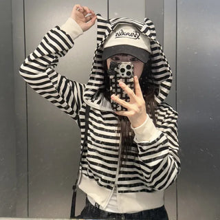 Quri Kitsch Hip Cat Striped Zip-Up Hoodie (2 colors)