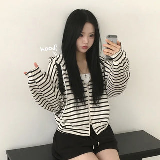 Protective Instinct Oversized Fit, Striped Two-Way Loose Fit Zip-Up Hoodie